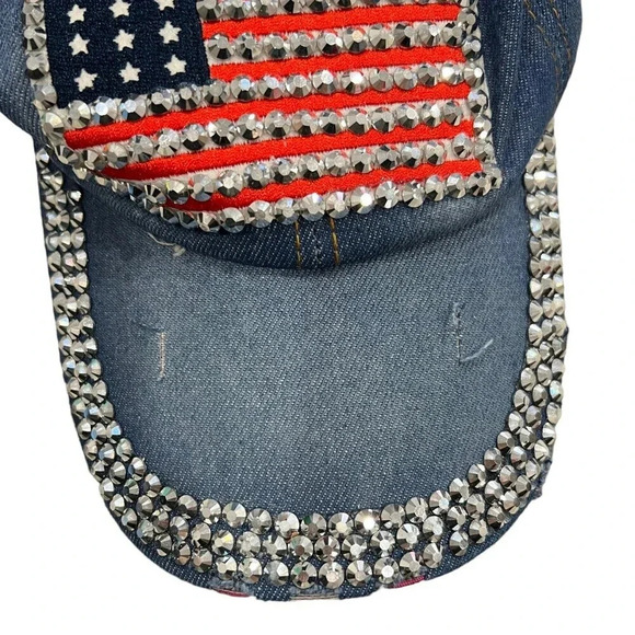 Jeweled US Flag Denim Baseball Hat - Picture 5 of 7